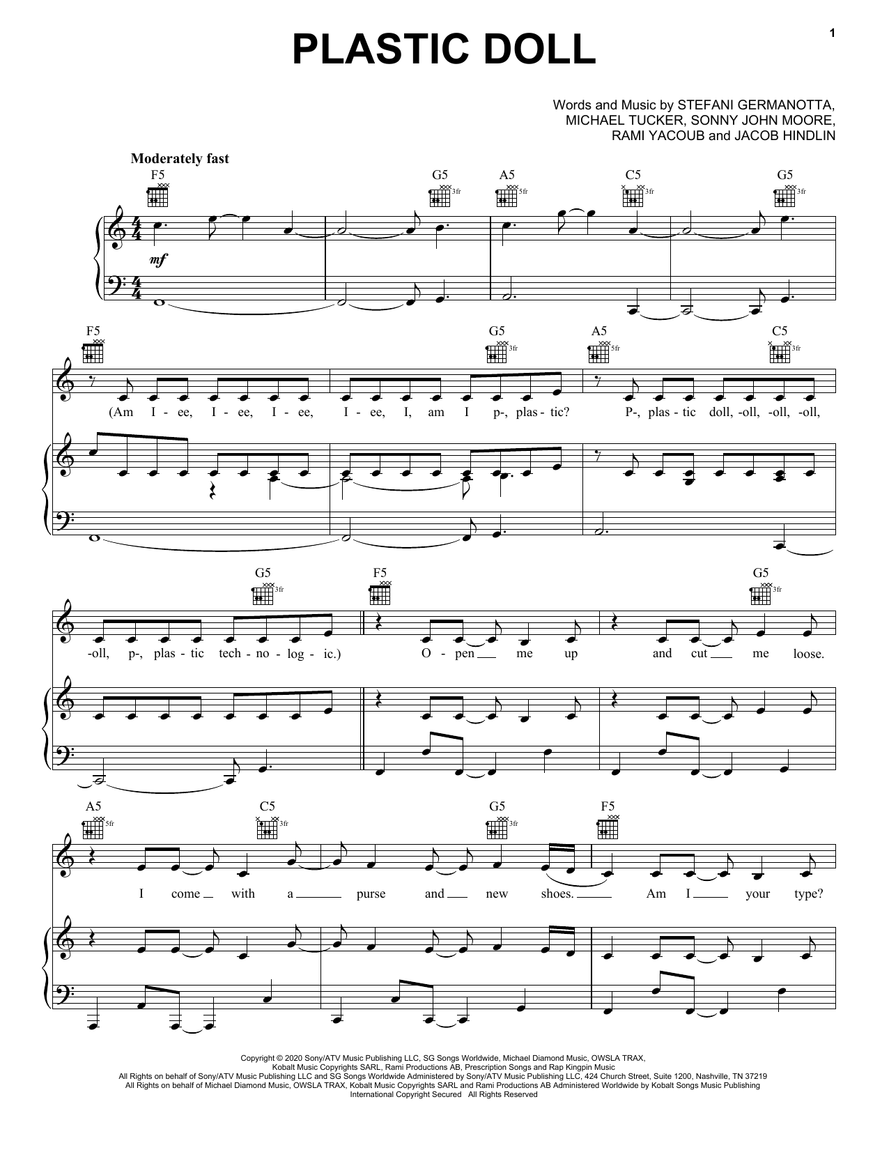 Lady Gaga Plastic Doll sheet music notes and chords arranged for Piano, Vocal & Guitar Chords (Right-Hand Melody)