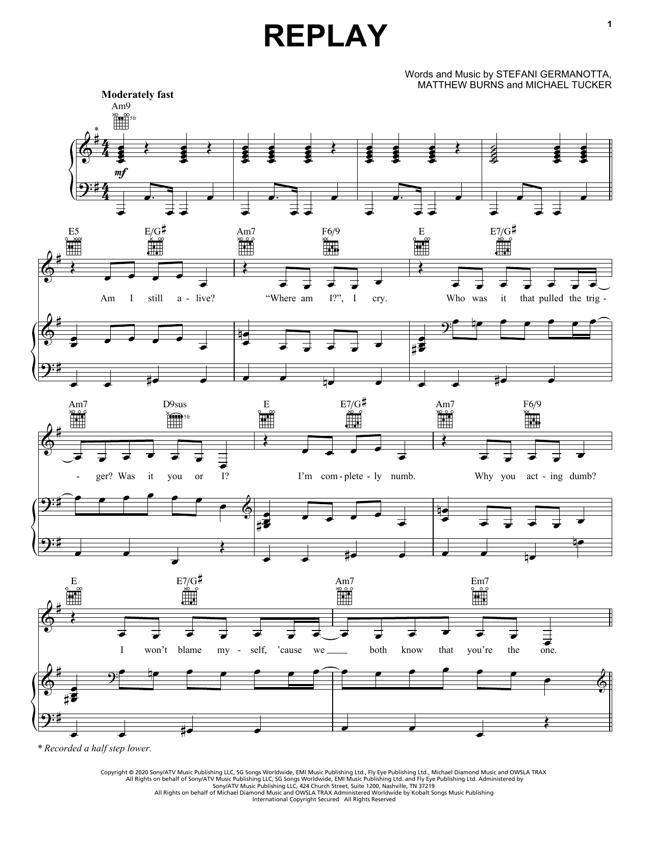 Lady Gaga Replay sheet music notes and chords arranged for Piano, Vocal & Guitar Chords (Right-Hand Melody)