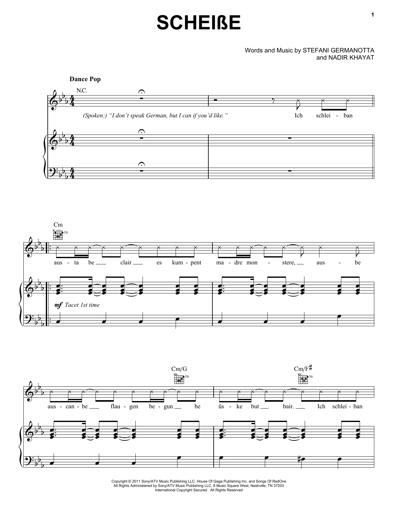 Lady Gaga Scheibe sheet music notes and chords arranged for Piano, Vocal & Guitar Chords (Right-Hand Melody)