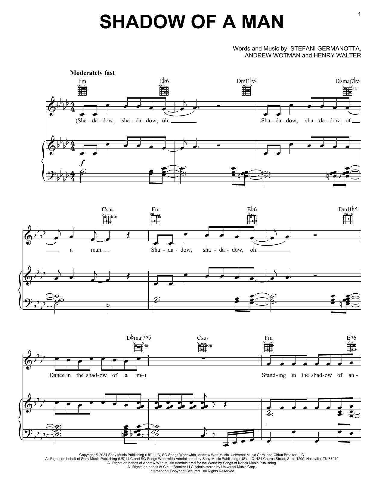 Lady Gaga Shadow Of A Man sheet music notes and chords arranged for Piano, Vocal & Guitar Chords (Right-Hand Melody)