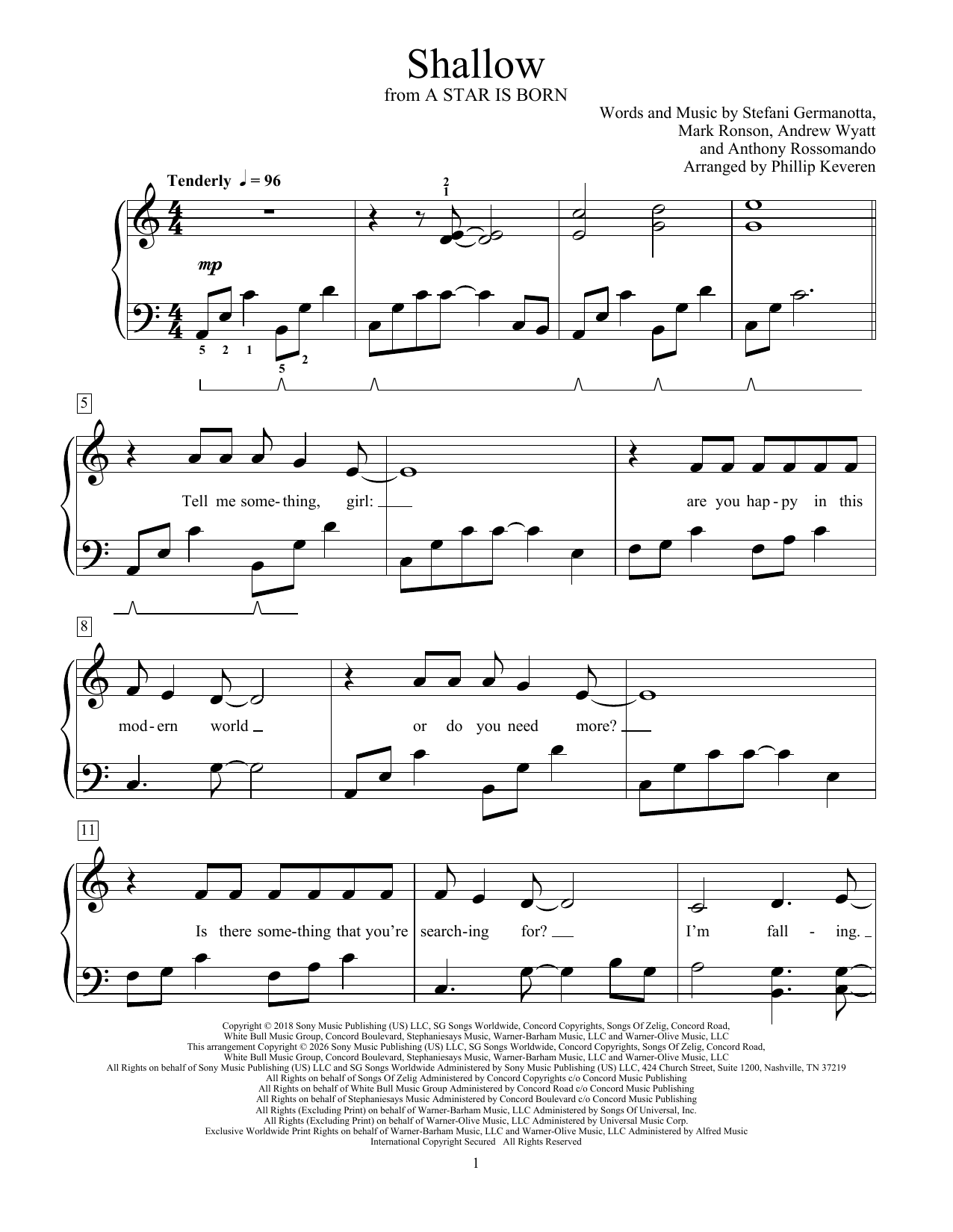 Lady Gaga Shallow (arr. Phillip Keveren) sheet music notes and chords arranged for Educational Piano