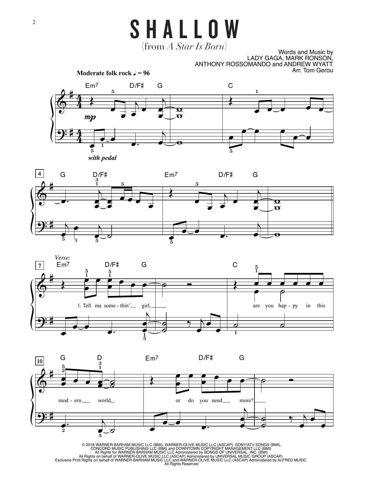 Lady Gaga Shallow (from A Star Is Born) (arr. Tom Gerou) sheet music notes and chords arranged for Easy Piano