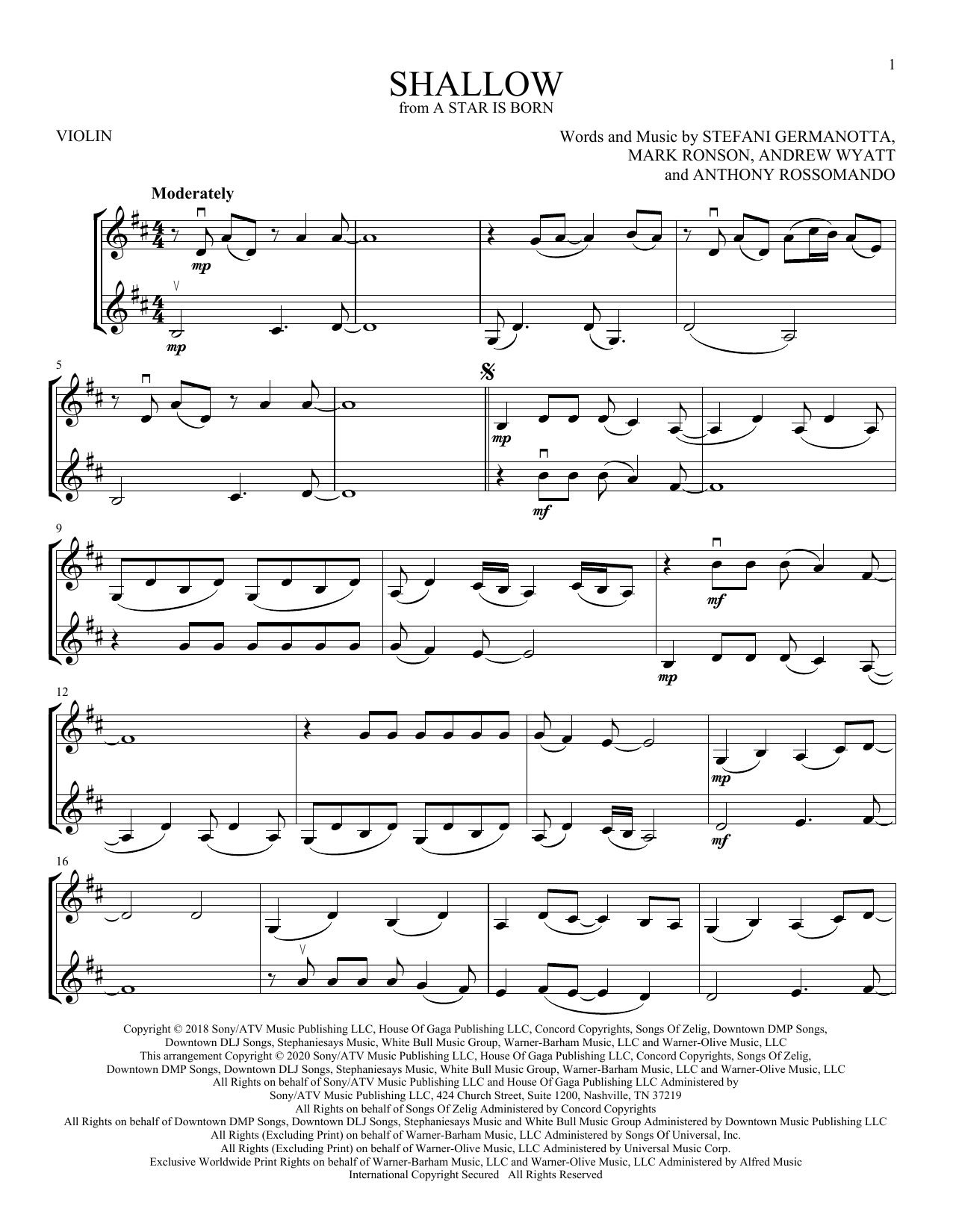 Lady Gaga Shallow (from A Star Is Born) sheet music notes and chords arranged for Violin Duet