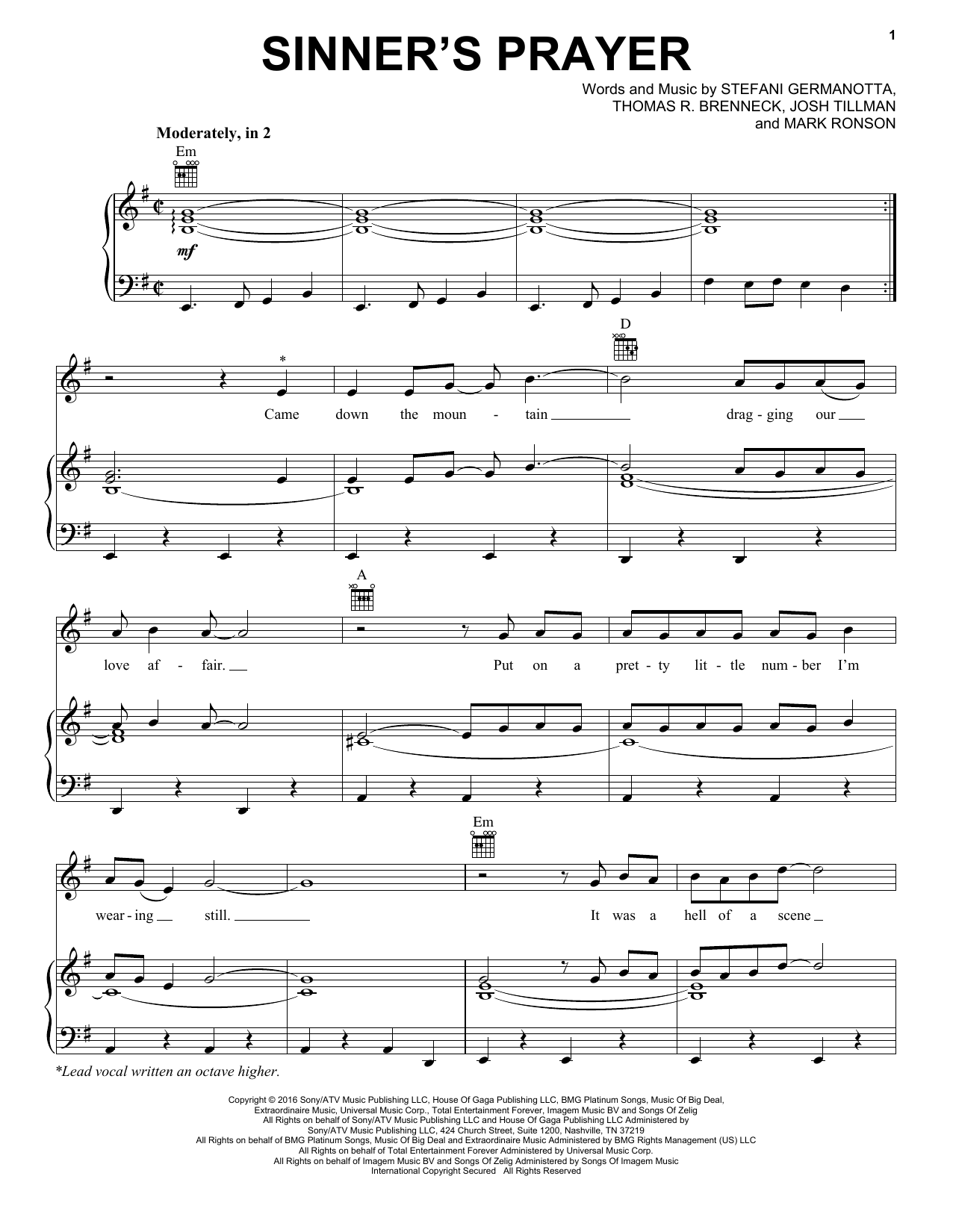 Lady Gaga Sinner's Prayer sheet music notes and chords arranged for Piano, Vocal & Guitar Chords (Right-Hand Melody)