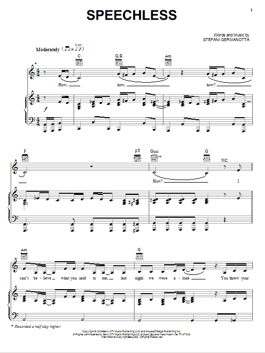 Lady Gaga Speechless sheet music notes and chords arranged for Piano, Vocal & Guitar Chords (Right-Hand Melody)