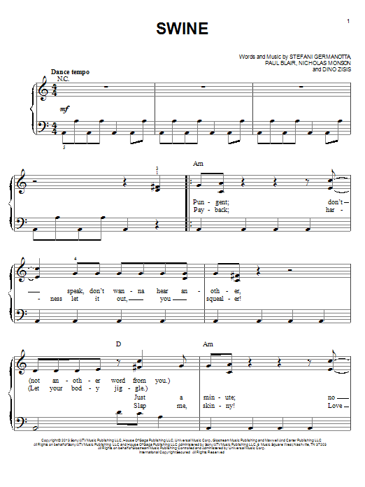 Lady Gaga Swine sheet music notes and chords arranged for Piano, Vocal & Guitar Chords (Right-Hand Melody)