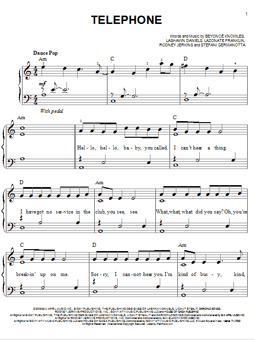 Lady Gaga Telephone (feat. Beyonce) sheet music notes and chords arranged for Super Easy Piano