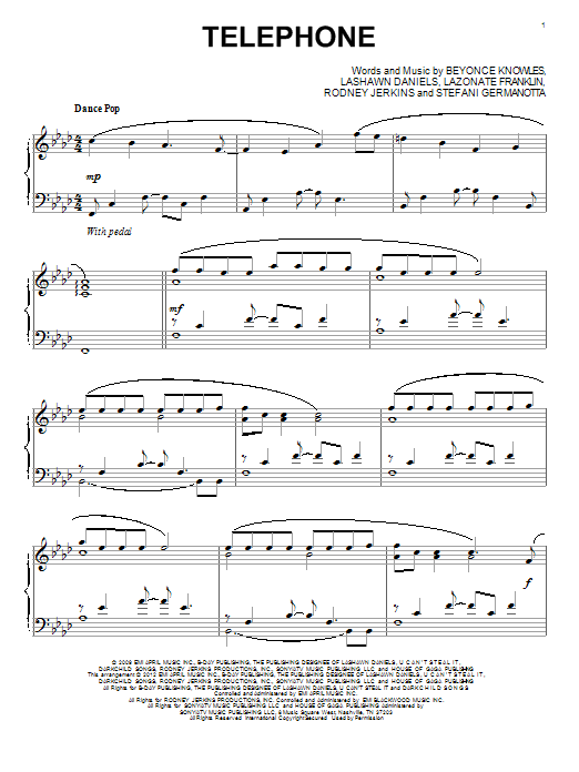 Lady Gaga Telephone sheet music notes and chords arranged for Piano Solo