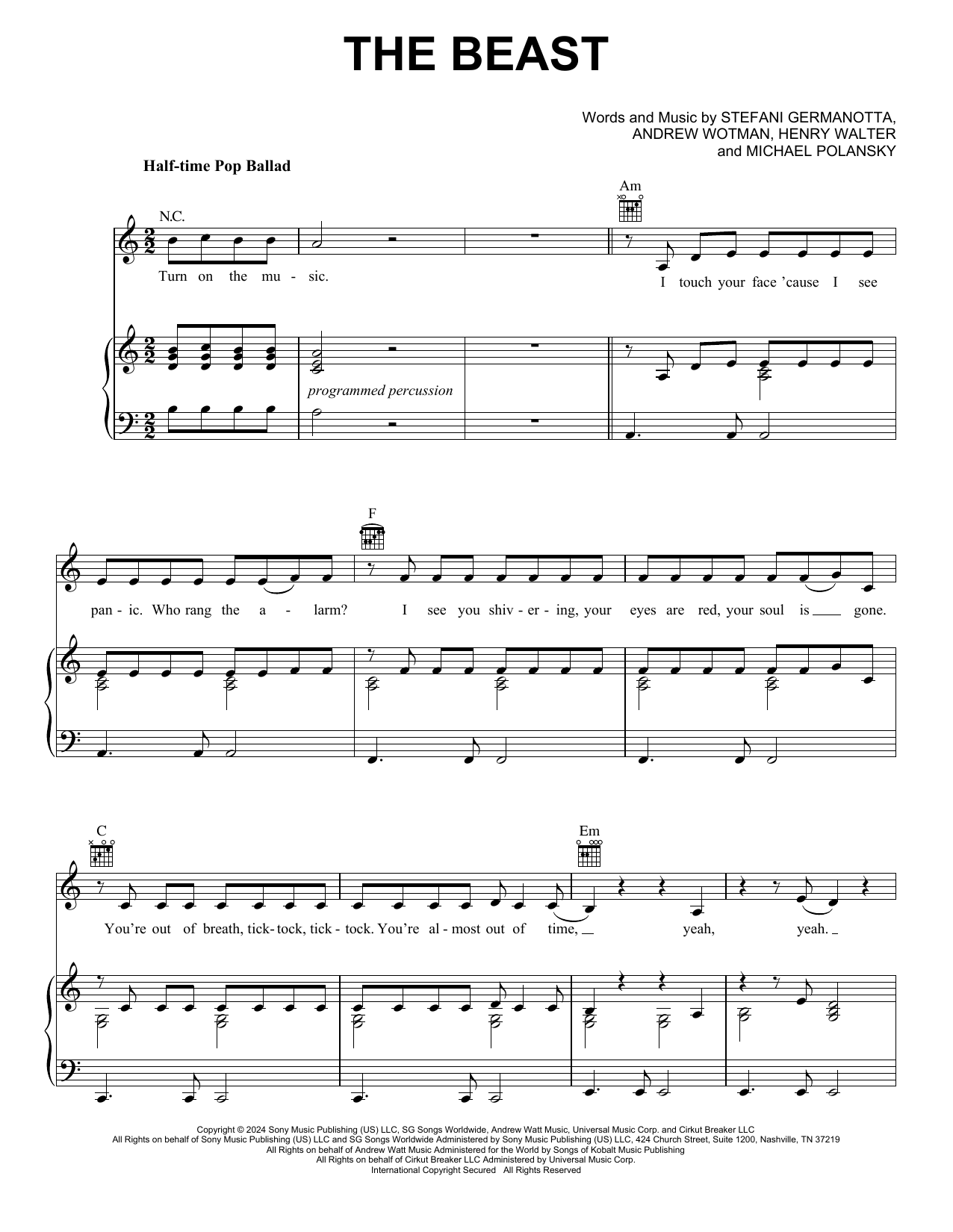 Lady Gaga The Beast sheet music notes and chords arranged for Piano, Vocal & Guitar Chords (Right-Hand Melody)