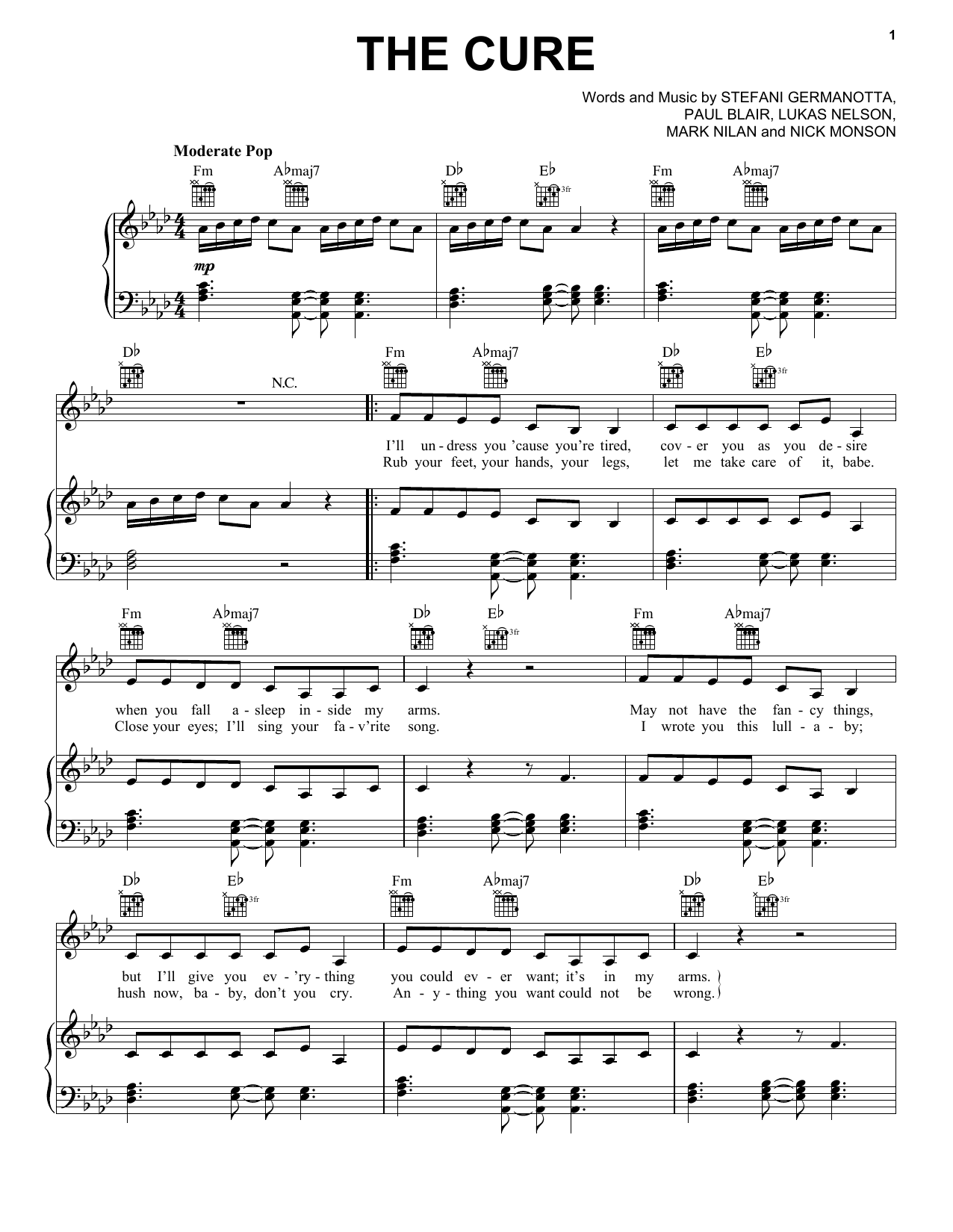 Lady Gaga The Cure sheet music notes and chords arranged for Piano, Vocal & Guitar Chords (Right-Hand Melody)