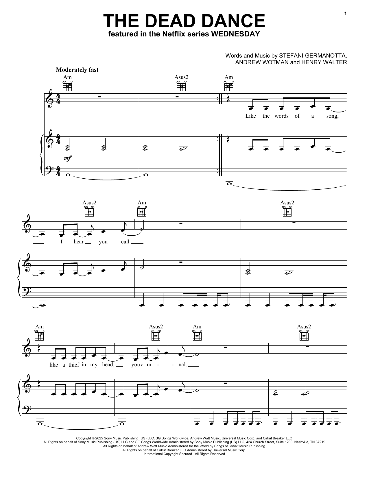 Lady Gaga The Dead Dance (from Wednesday) sheet music notes and chords arranged for Super Easy Piano