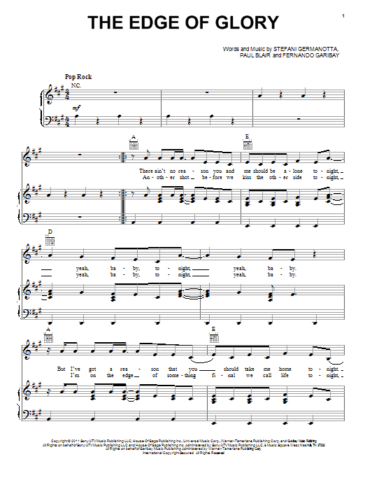 Lady Gaga The Edge Of Glory sheet music notes and chords arranged for Super Easy Piano