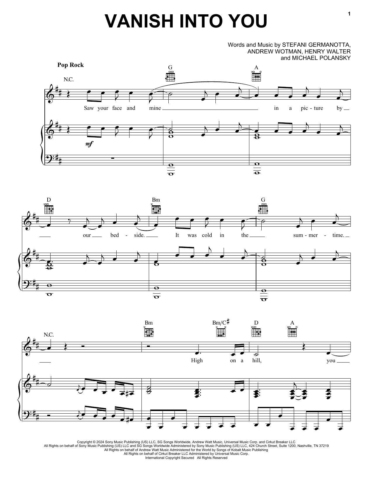 Lady Gaga Vanish Into You sheet music notes and chords arranged for Piano, Vocal & Guitar Chords (Right-Hand Melody)