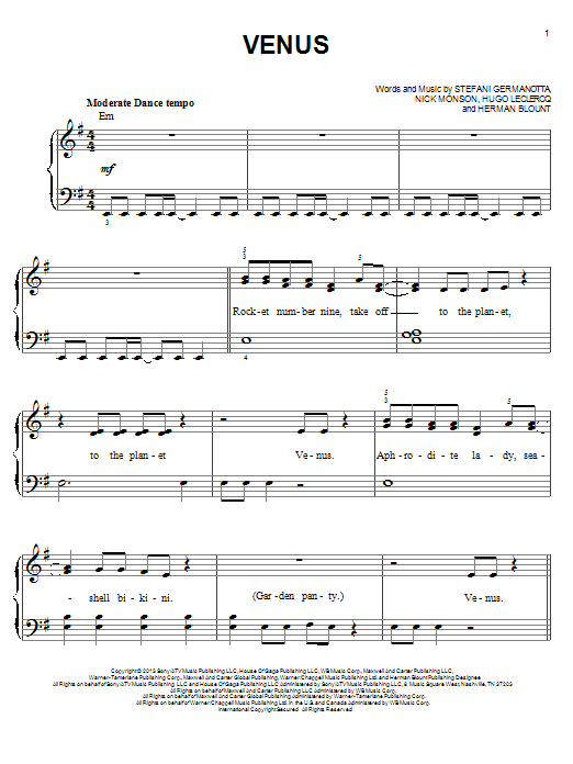 Lady Gaga Venus sheet music notes and chords arranged for Piano, Vocal & Guitar Chords (Right-Hand Melody)