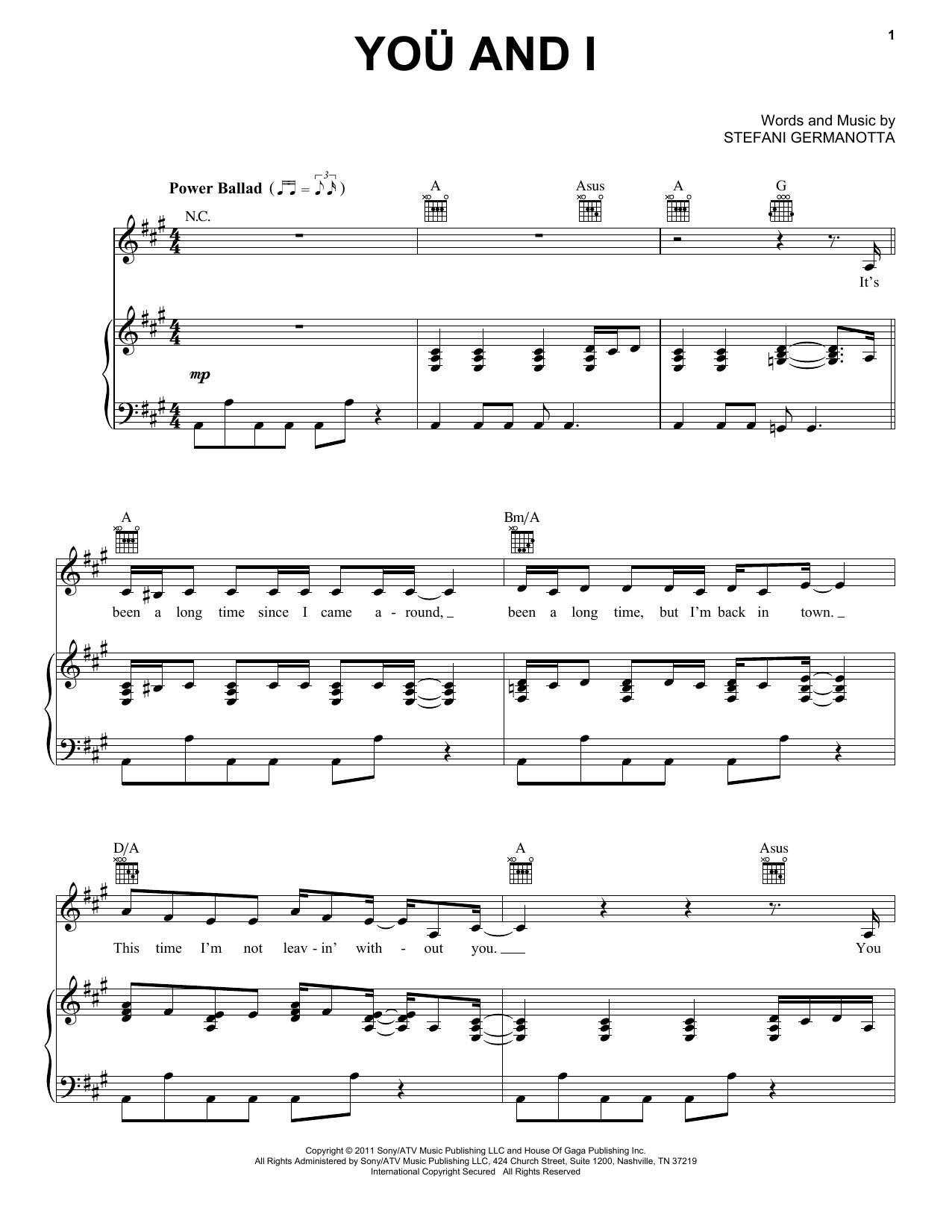 Lady Gaga You And I sheet music notes and chords arranged for Super Easy Piano