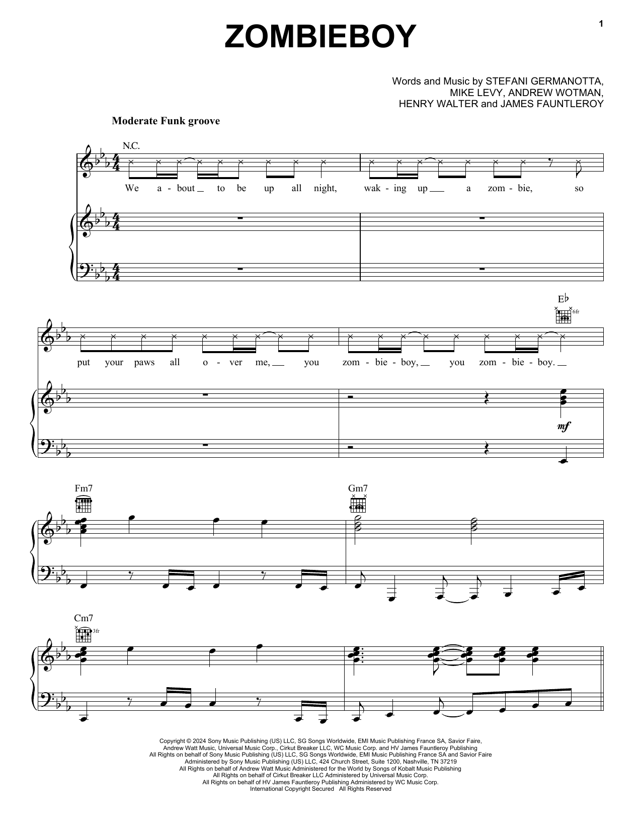 Lady Gaga Zombieboy sheet music notes and chords arranged for Piano, Vocal & Guitar Chords (Right-Hand Melody)