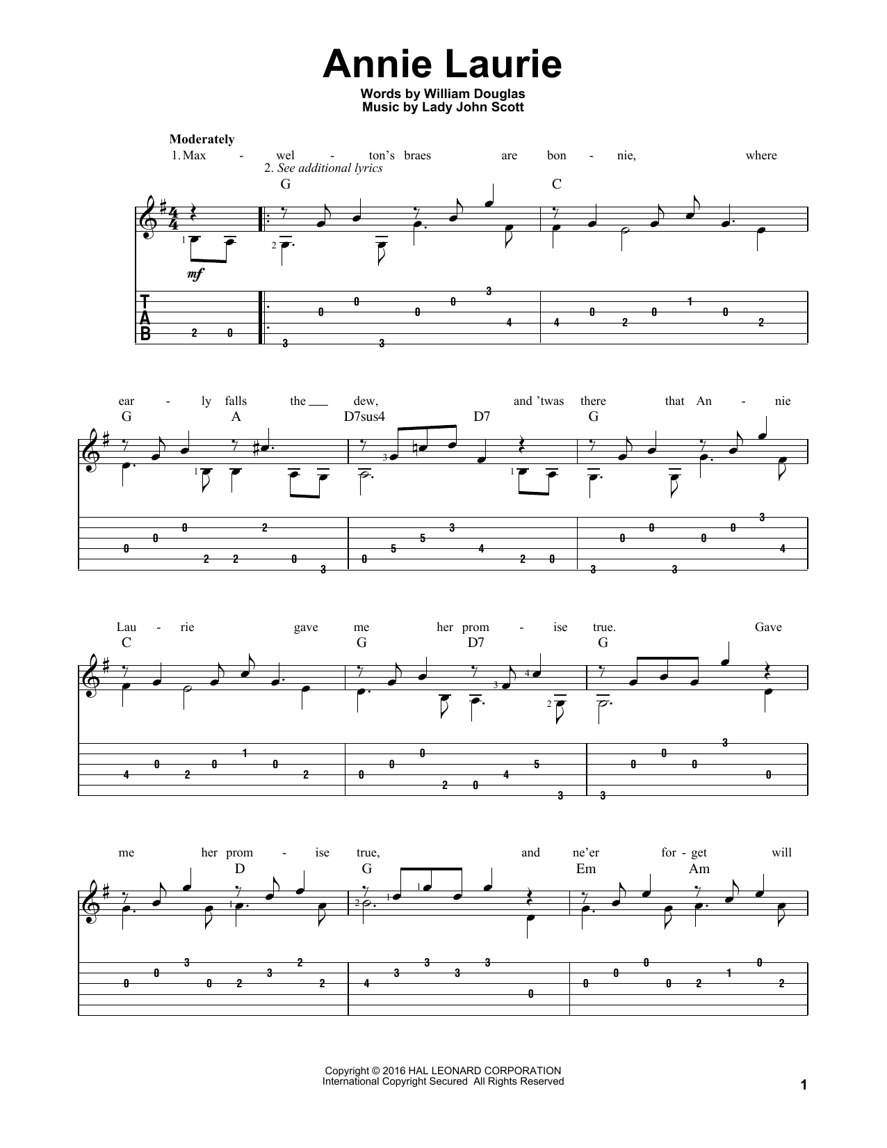 Lady John Scott Annie Laurie sheet music notes and chords arranged for Solo Guitar