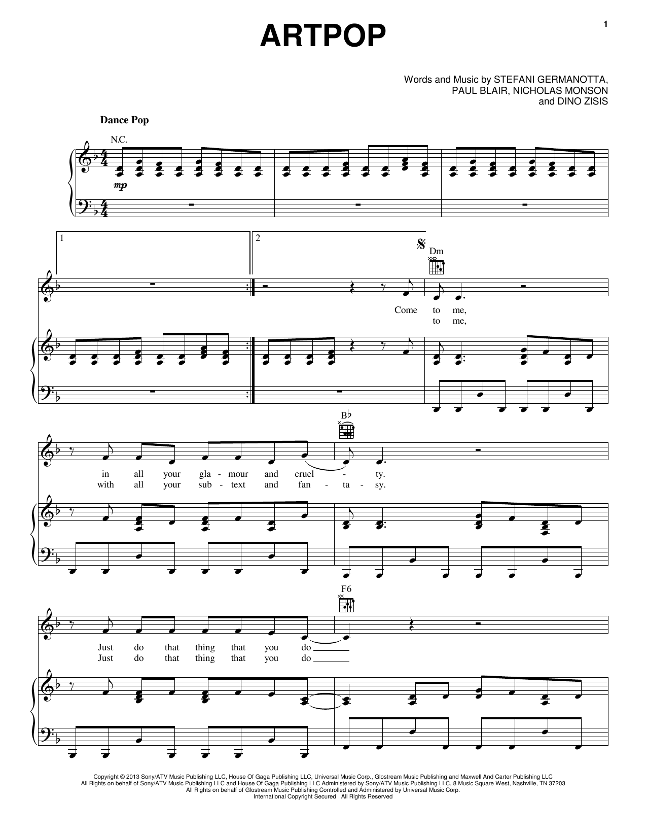 Lady Gaga ARTPOP sheet music notes and chords arranged for Easy Piano