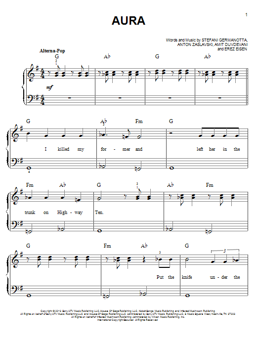 Lady Gaga Aura sheet music notes and chords arranged for Piano, Vocal & Guitar Chords (Right-Hand Melody)
