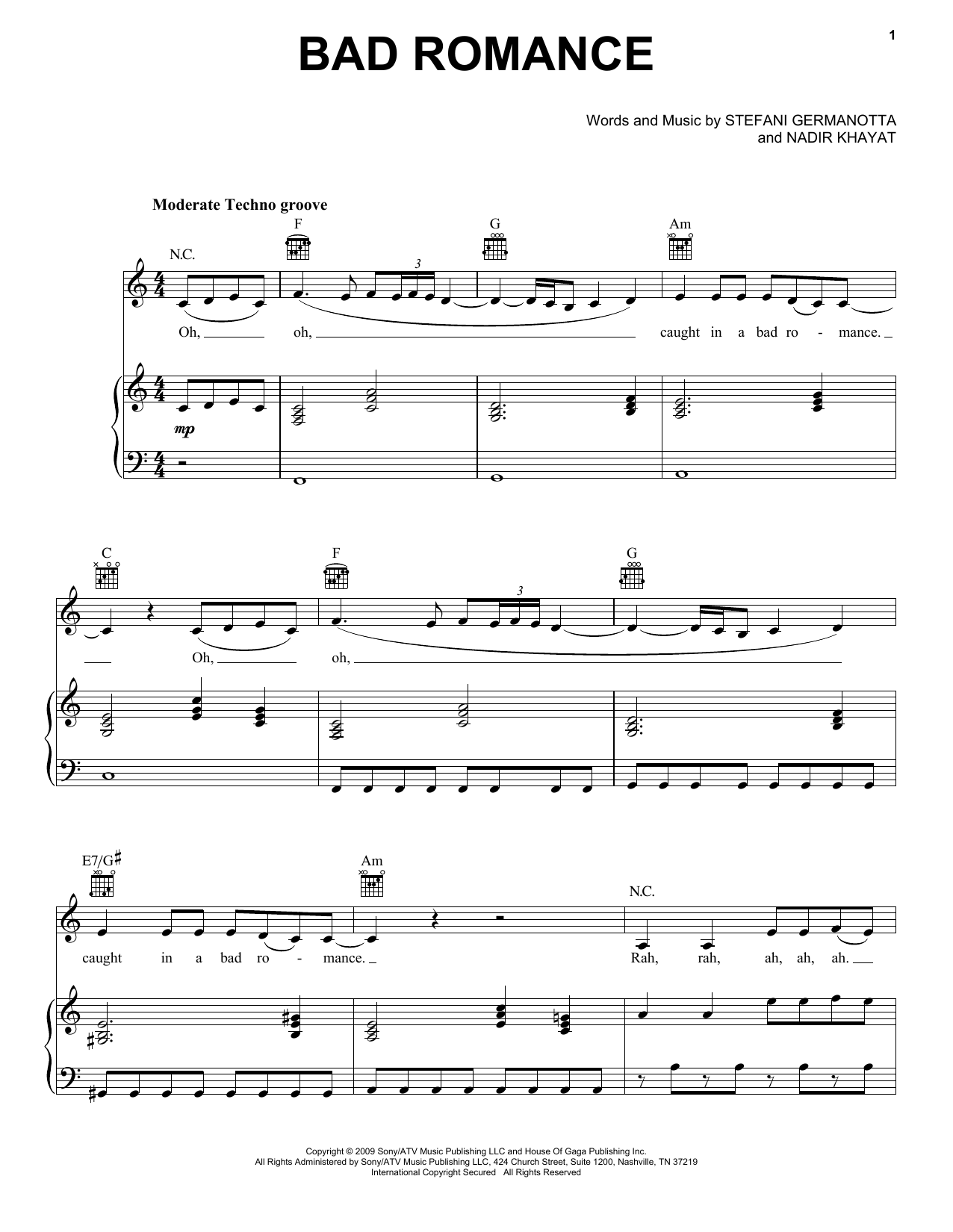 Lady Gaga Bad Romance sheet music notes and chords arranged for Real Book – Melody, Lyrics & Chords