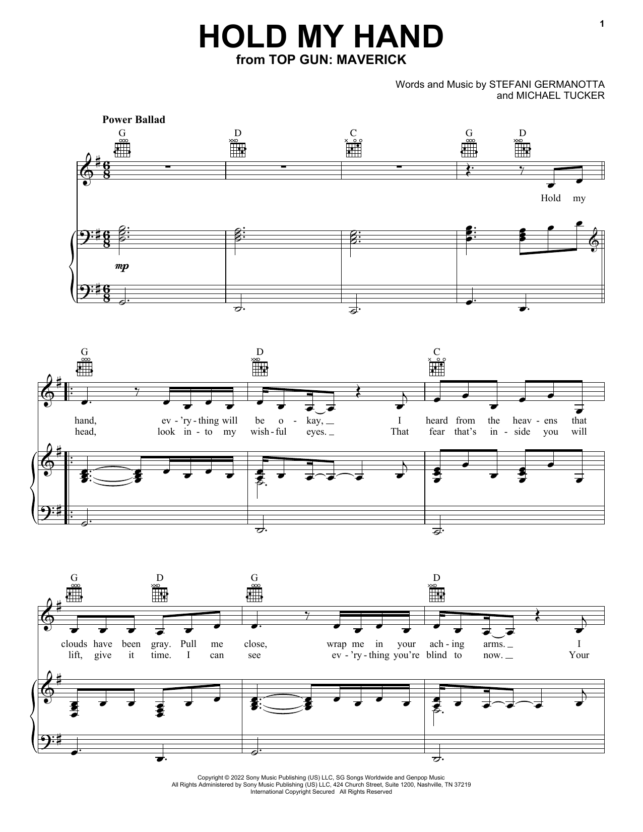 Lady Gaga Hold My Hand (from Top Gun: Maverick) sheet music notes and chords arranged for Piano, Vocal & Guitar Chords (Right-Hand Melody)