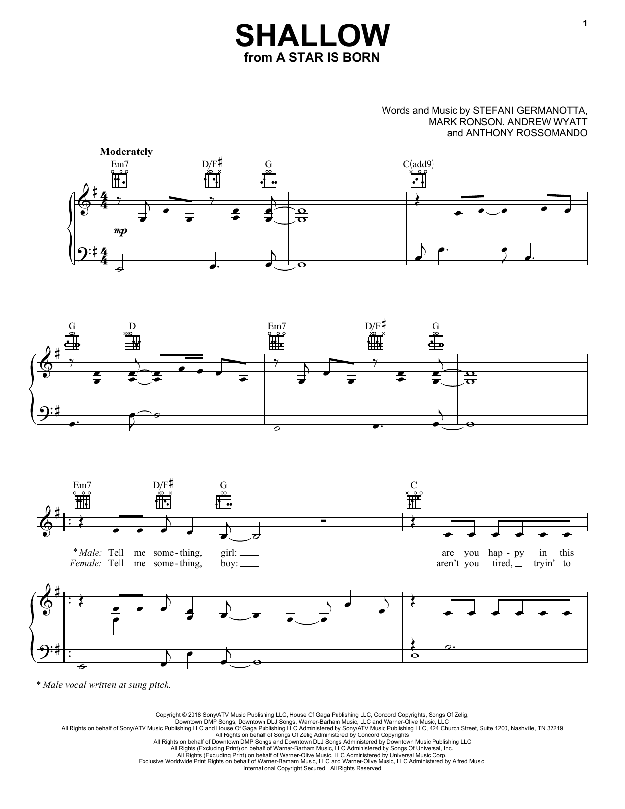 Lady Gaga & Bradley Cooper Shallow (from A Star Is Born) sheet music notes and chords. Download Printable PDF.