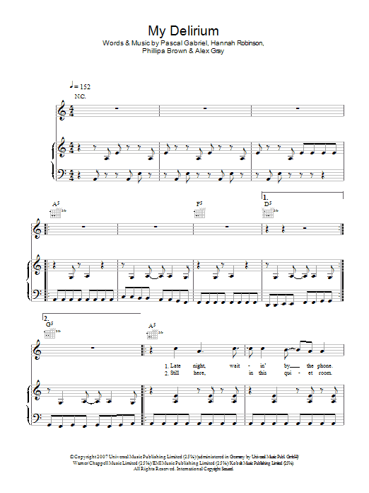 Ladyhawke My Delirium sheet music notes and chords arranged for Piano, Vocal & Guitar Chords