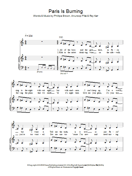 Ladyhawke Paris Is Burning sheet music notes and chords arranged for Piano, Vocal & Guitar Chords