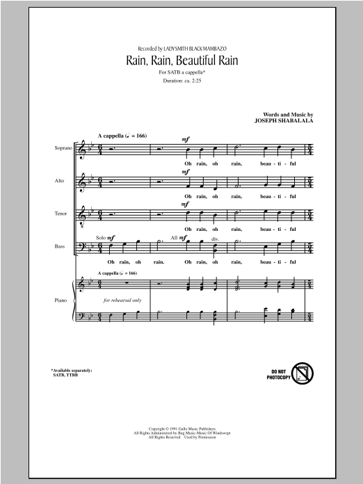 Ladysmith Black Mambazo Rain, Rain, Beautiful Rain sheet music notes and chords arranged for SATB Choir
