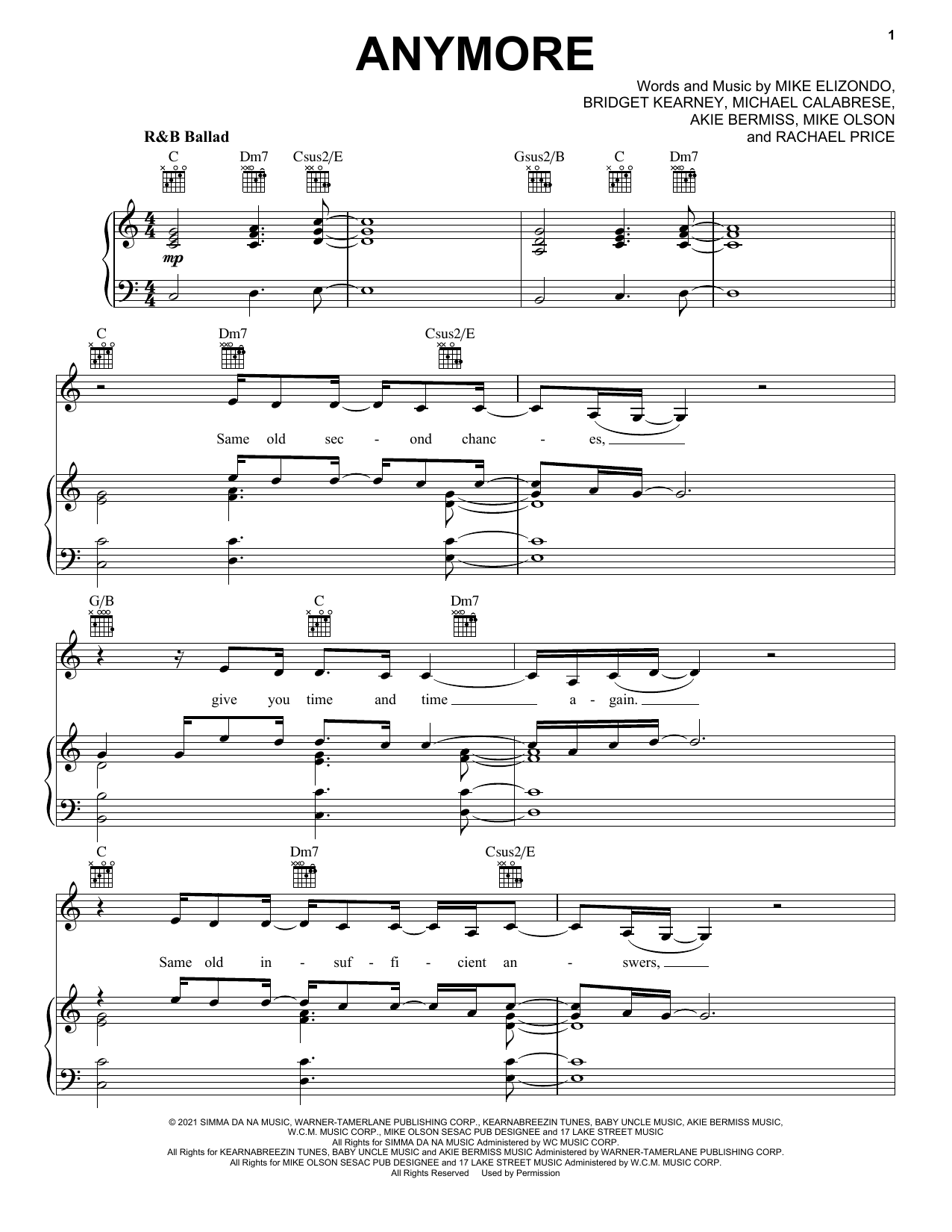 Lake Street Dive Anymore sheet music notes and chords arranged for Piano, Vocal & Guitar Chords (Right-Hand Melody)