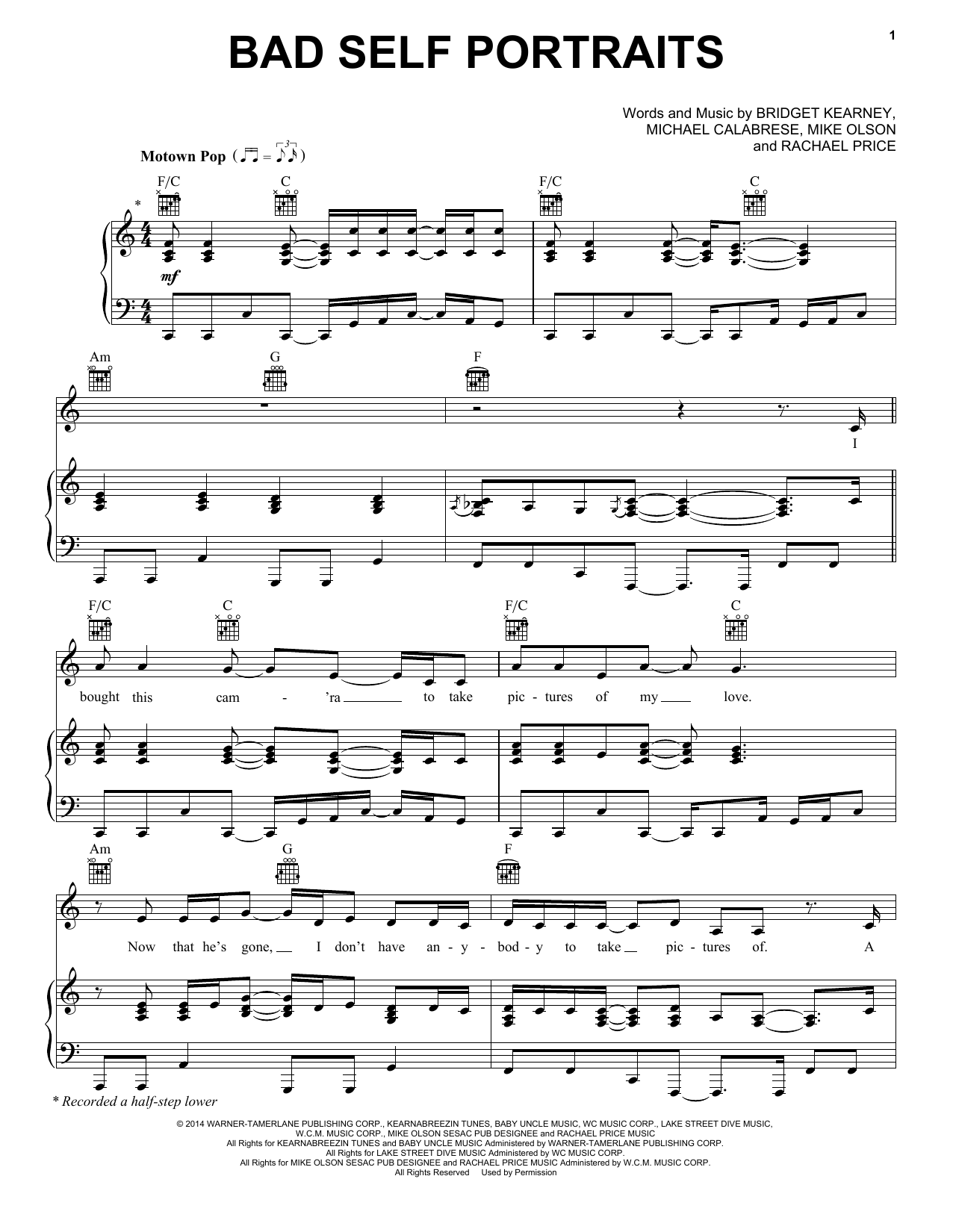 Lake Street Dive Bad Self Portraits sheet music notes and chords arranged for Piano, Vocal & Guitar Chords (Right-Hand Melody)