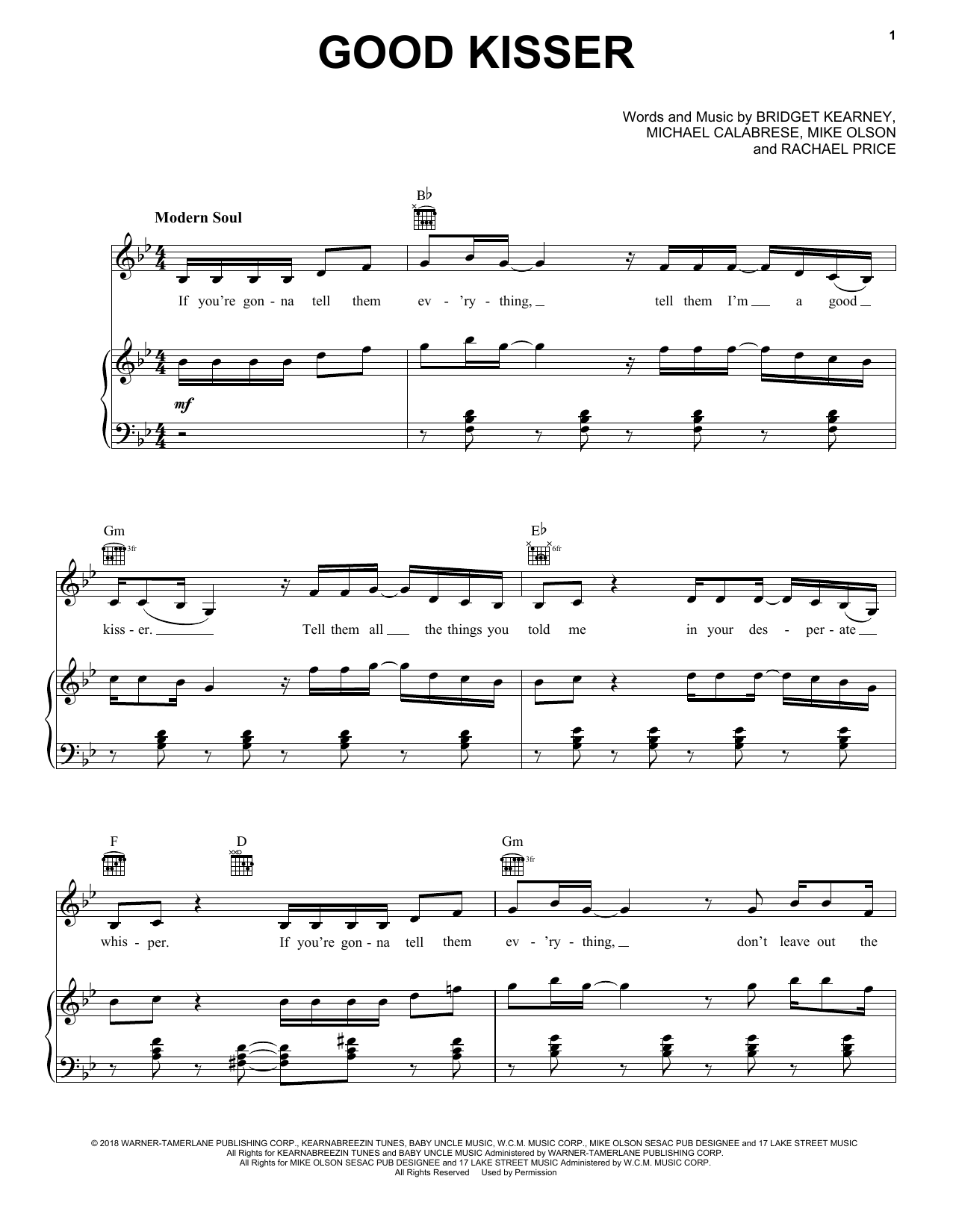 Lake Street Dive Good Kisser sheet music notes and chords arranged for Piano, Vocal & Guitar Chords (Right-Hand Melody)