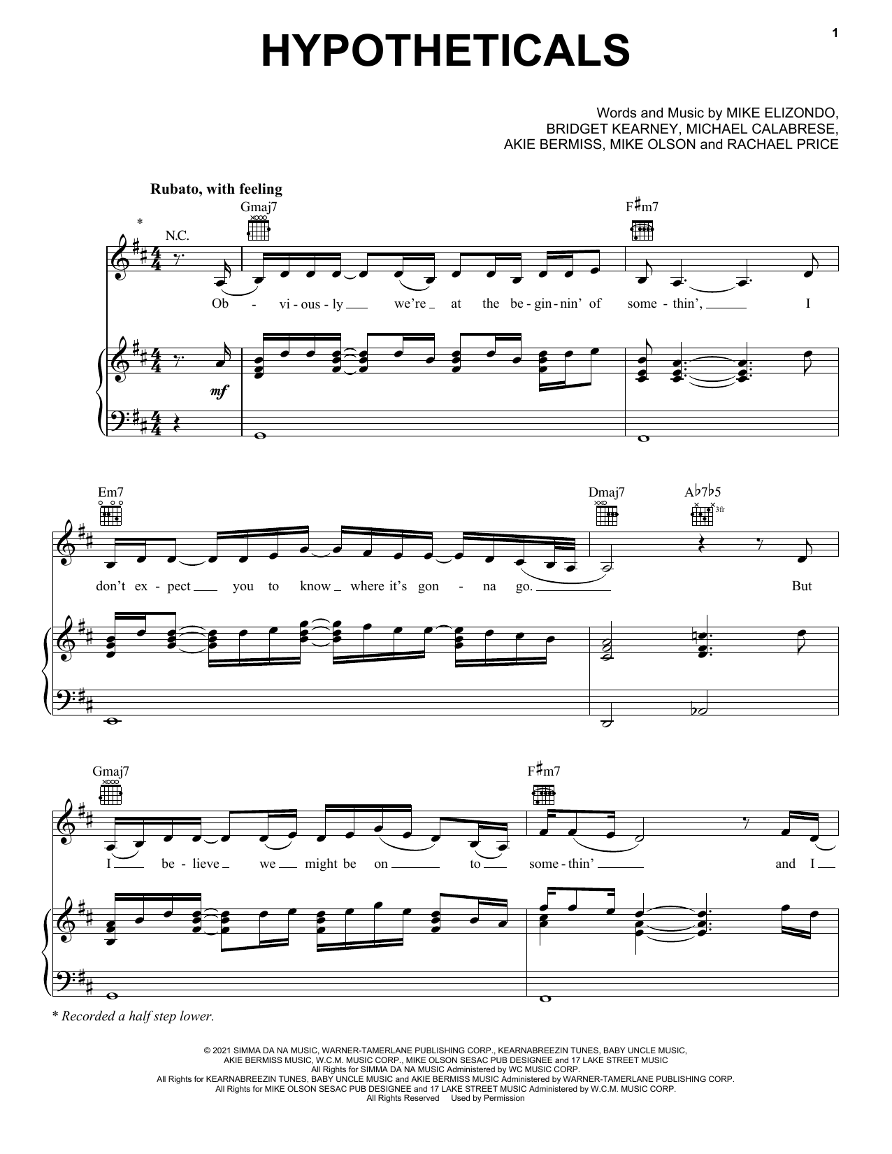 Lake Street Dive Hypotheticals sheet music notes and chords arranged for Piano, Vocal & Guitar Chords (Right-Hand Melody)