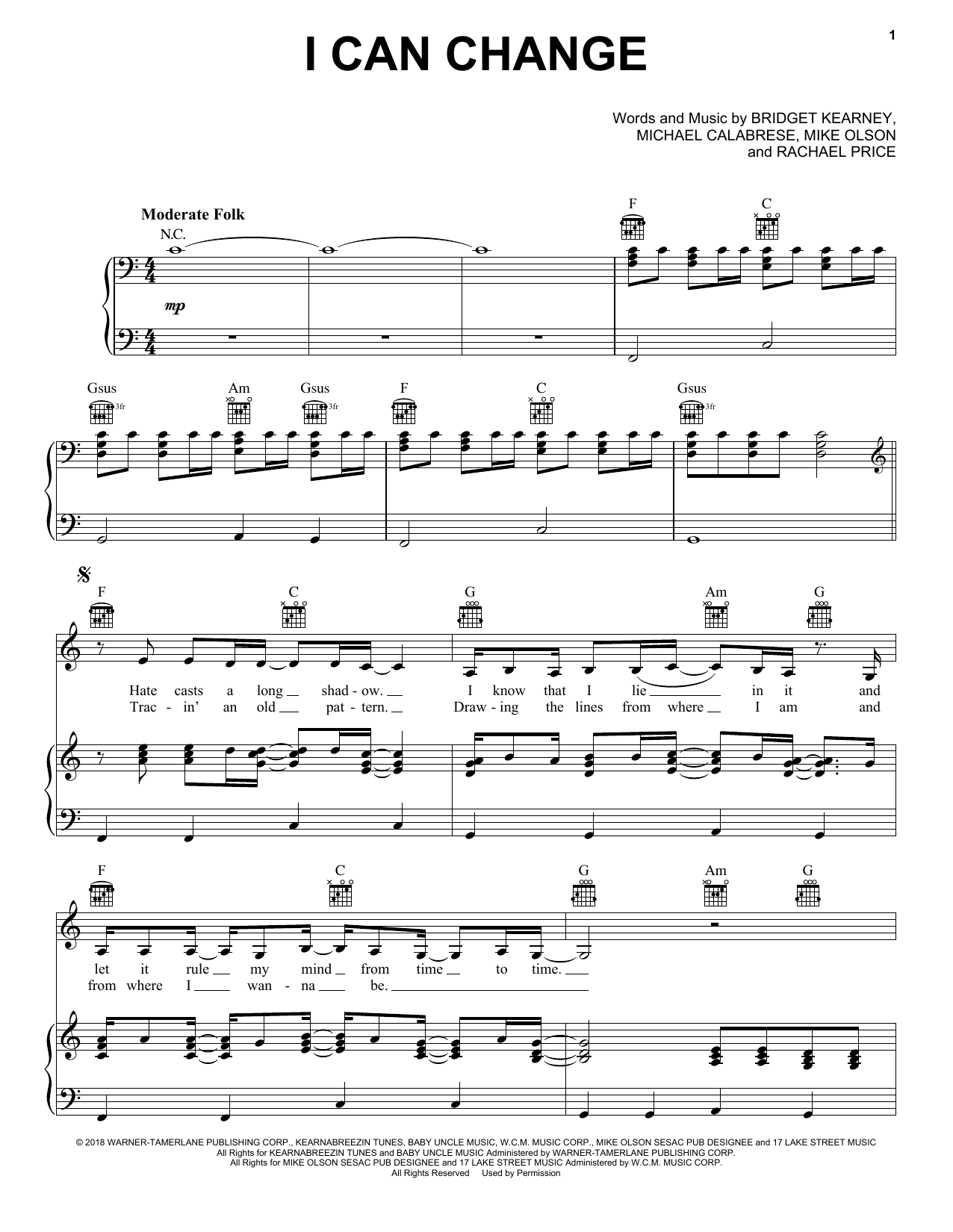 Lake Street Dive I Can Change sheet music notes and chords arranged for Piano, Vocal & Guitar Chords (Right-Hand Melody)