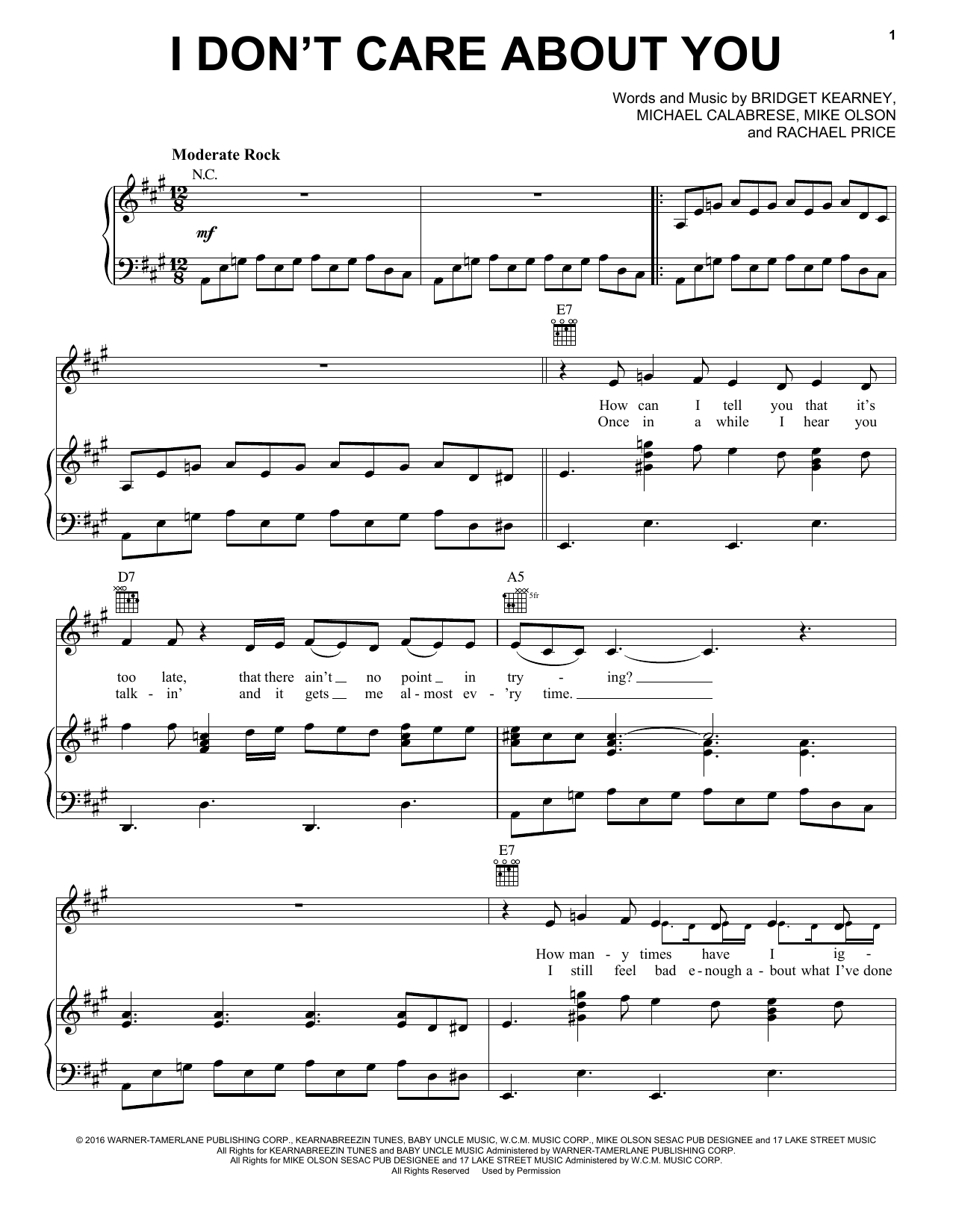 Lake Street Dive I Don't Care About You sheet music notes and chords arranged for Piano, Vocal & Guitar Chords (Right-Hand Melody)