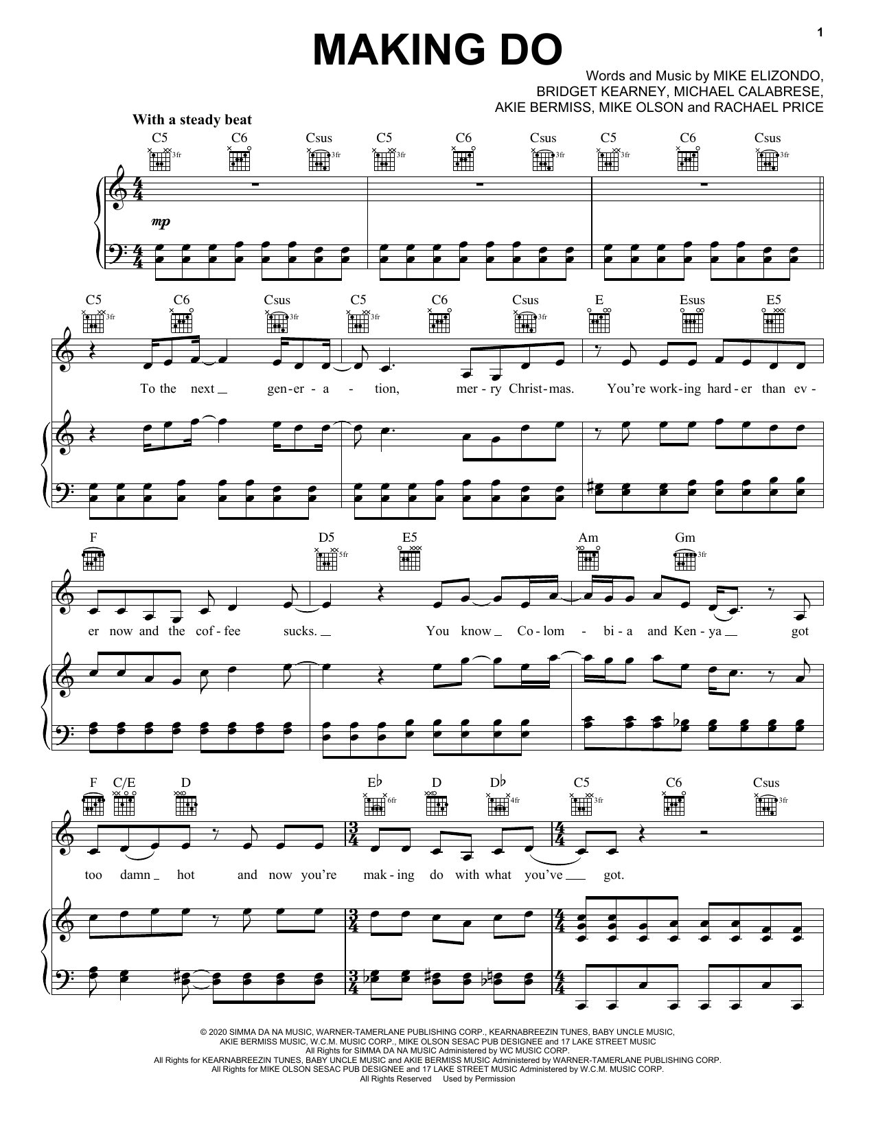 Lake Street Dive Making Do sheet music notes and chords arranged for Piano, Vocal & Guitar Chords (Right-Hand Melody)