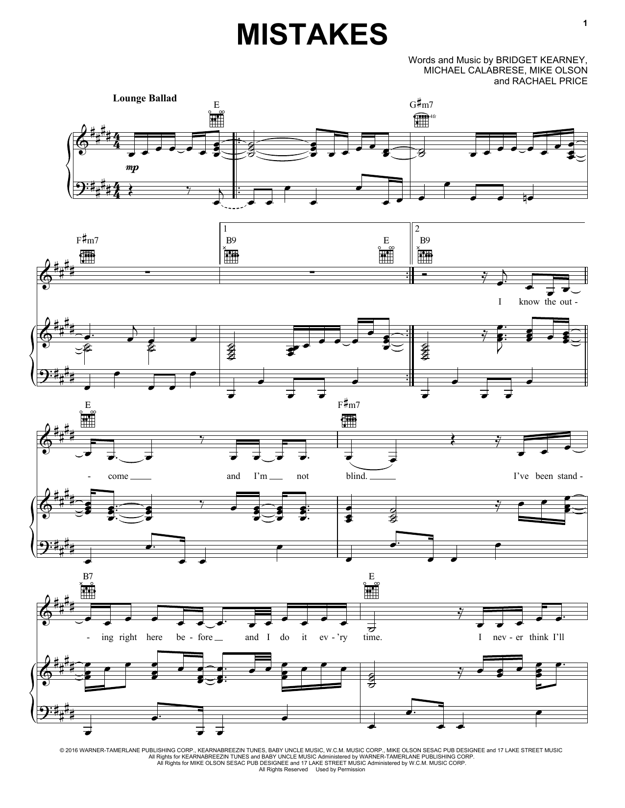 Lake Street Dive Mistakes sheet music notes and chords arranged for Piano, Vocal & Guitar Chords (Right-Hand Melody)