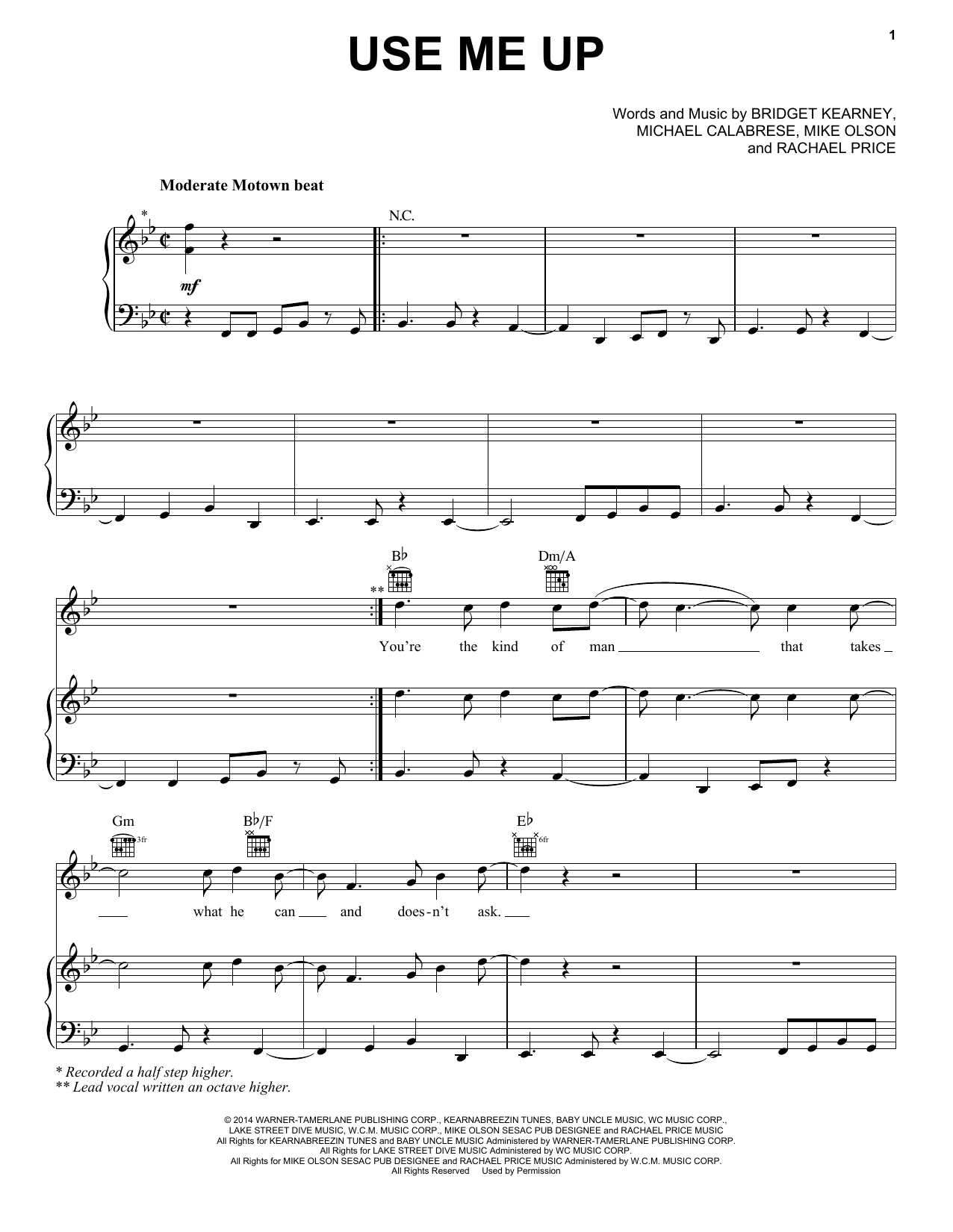 Lake Street Dive Use Me Up sheet music notes and chords arranged for Piano, Vocal & Guitar Chords (Right-Hand Melody)