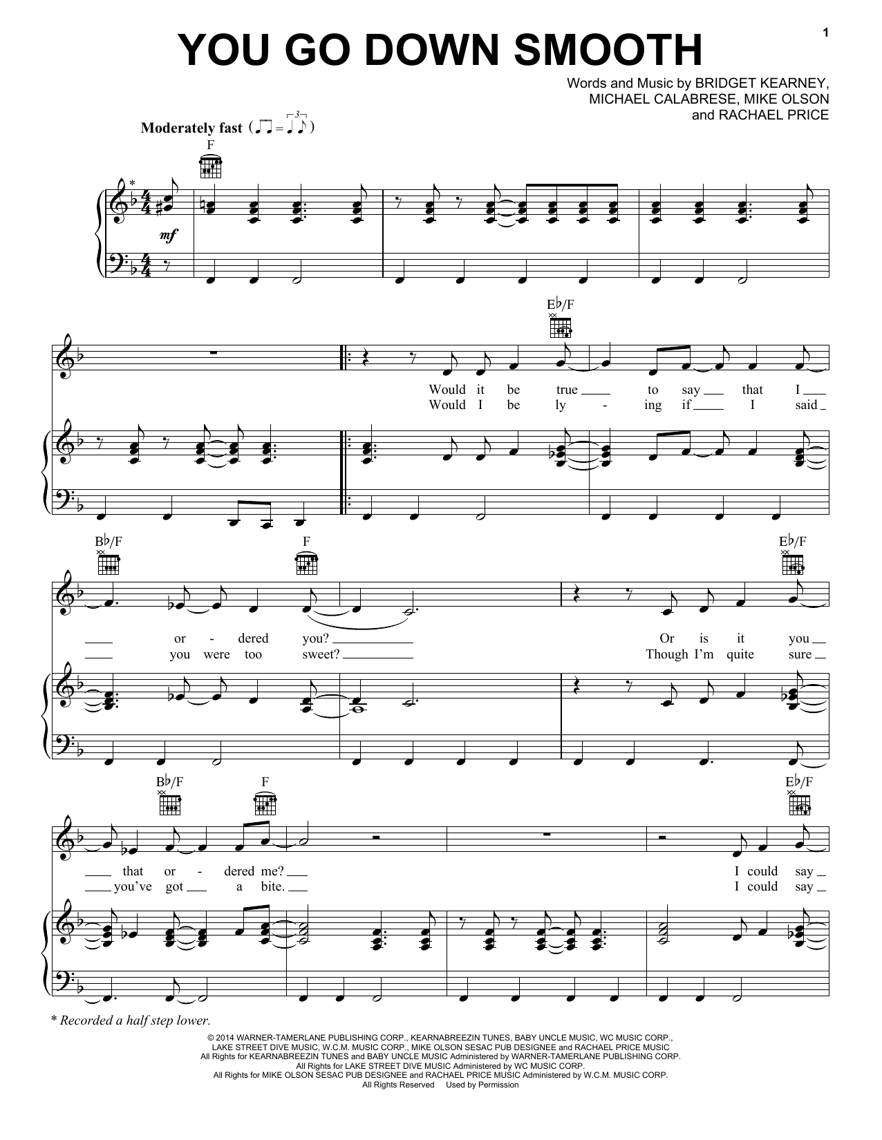 Lake Street Dive You Go Down Smooth sheet music notes and chords arranged for Piano, Vocal & Guitar Chords (Right-Hand Melody)