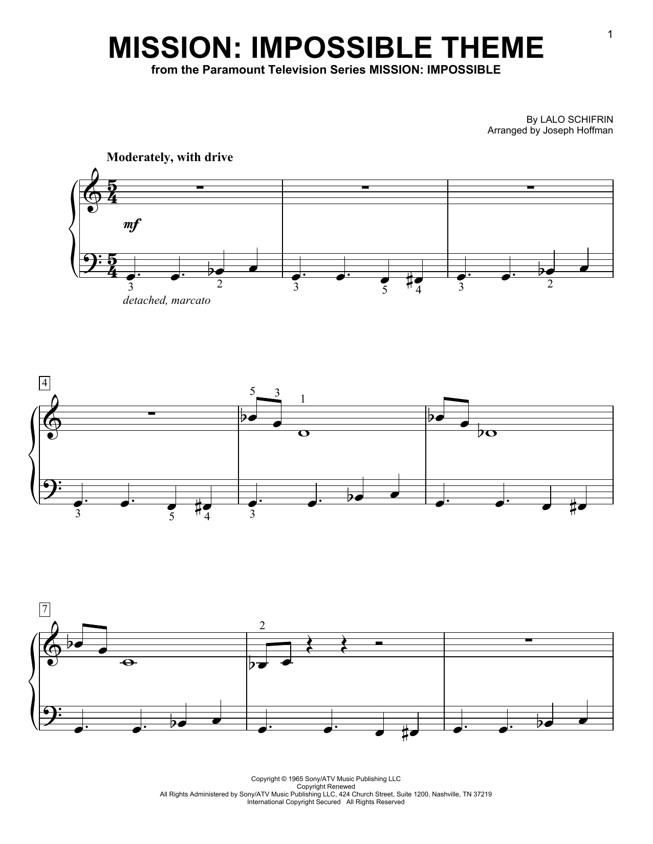 Lalo Schifrin Mission: Impossible Theme (arr. Joseph Hoffman) sheet music notes and chords arranged for Easy Piano