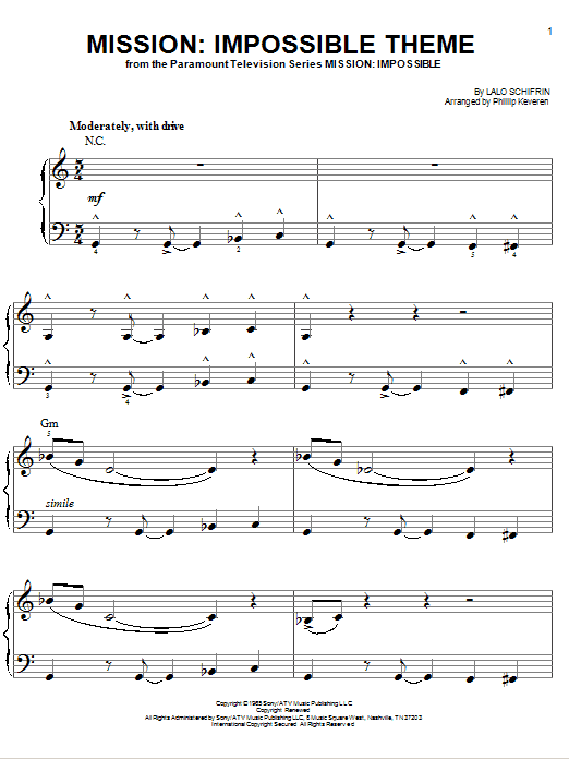 Lalo Schifrin Mission: Impossible Theme (arr. Phillip Keveren) sheet music notes and chords arranged for Easy Piano