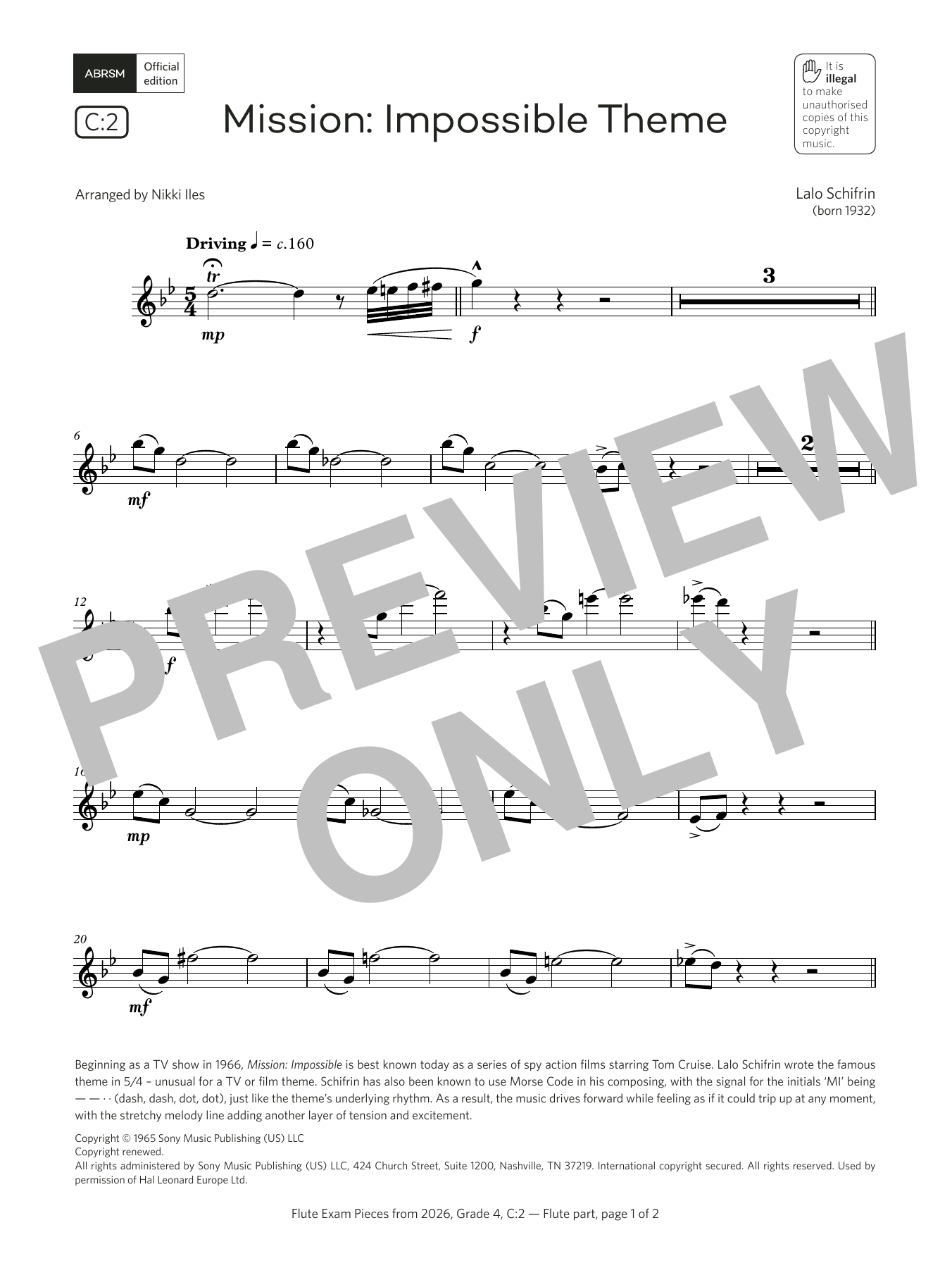 Lalo Schifrin Mission: Impossible Theme (Grade 4, list C2, from the ABRSM Flute Syllabus from 2026) sheet music notes and chords arranged for Flute Solo