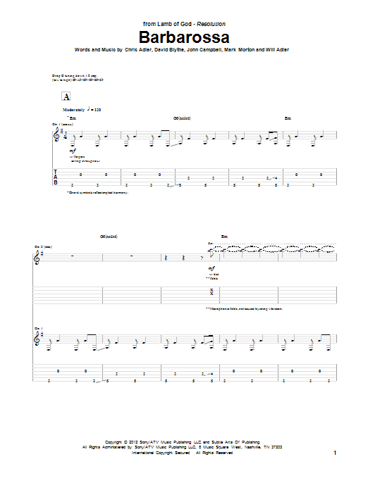 Lamb Of God Barbarossa sheet music notes and chords arranged for Guitar Tab