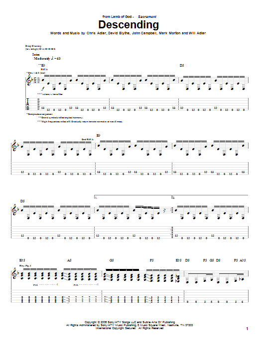Lamb Of God Descending sheet music notes and chords arranged for Guitar Tab
