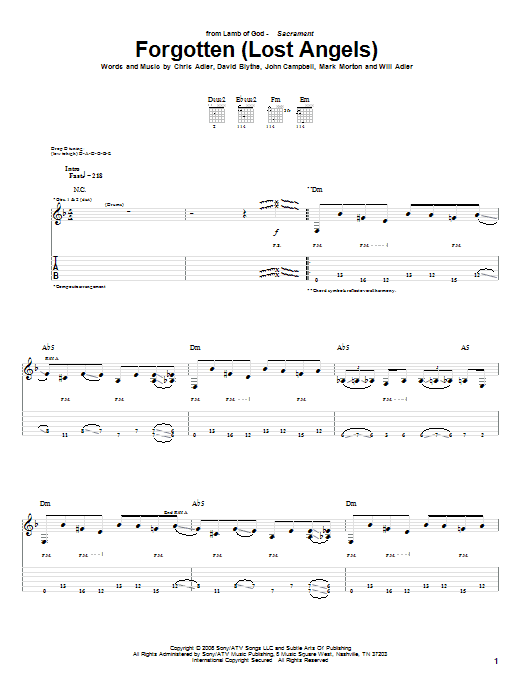 Lamb Of God Forgotten (Lost Angels) sheet music notes and chords arranged for Guitar Tab