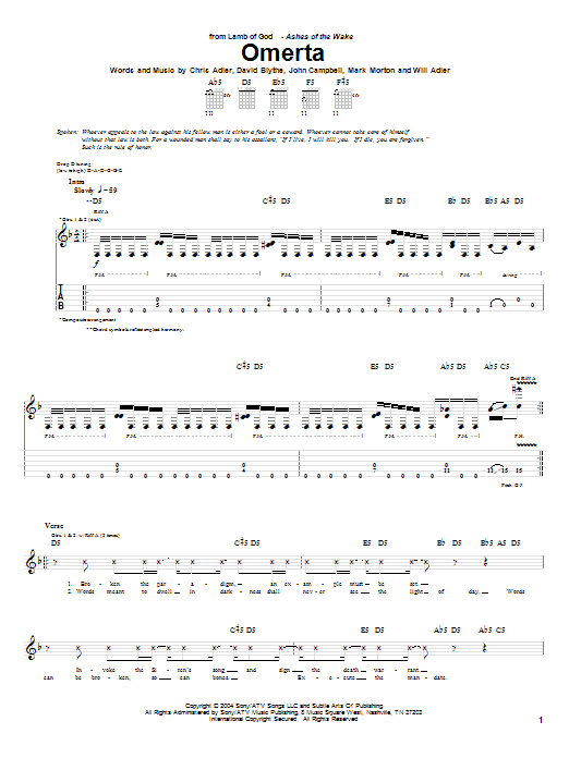 Lamb Of God Omerta sheet music notes and chords arranged for Guitar Tab