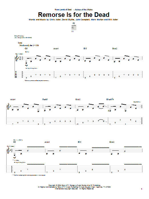 Lamb Of God Remorse Is For The Dead sheet music notes and chords arranged for Guitar Tab