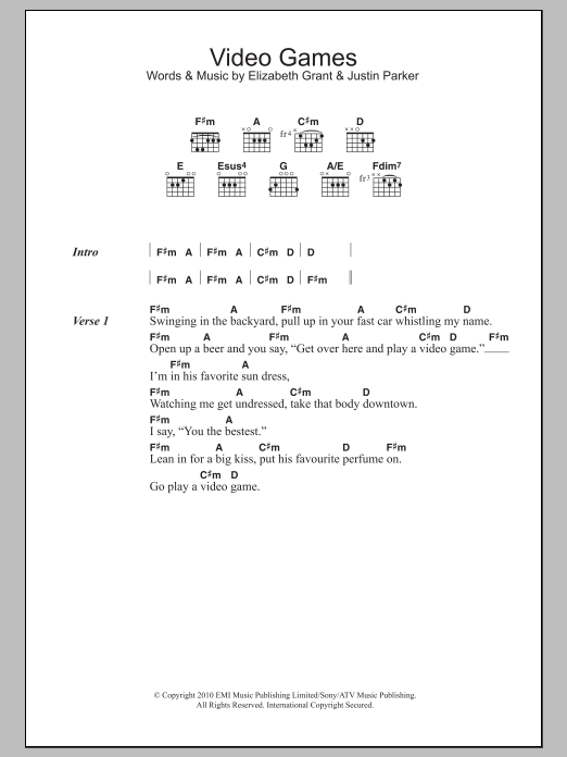 Lana Del Rey Video Games sheet music notes and chords arranged for Guitar Chords/Lyrics