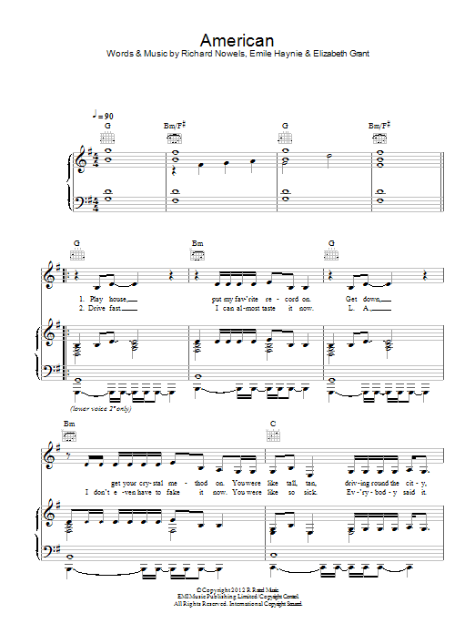 Lana Del Rey American sheet music notes and chords arranged for Piano, Vocal & Guitar Chords