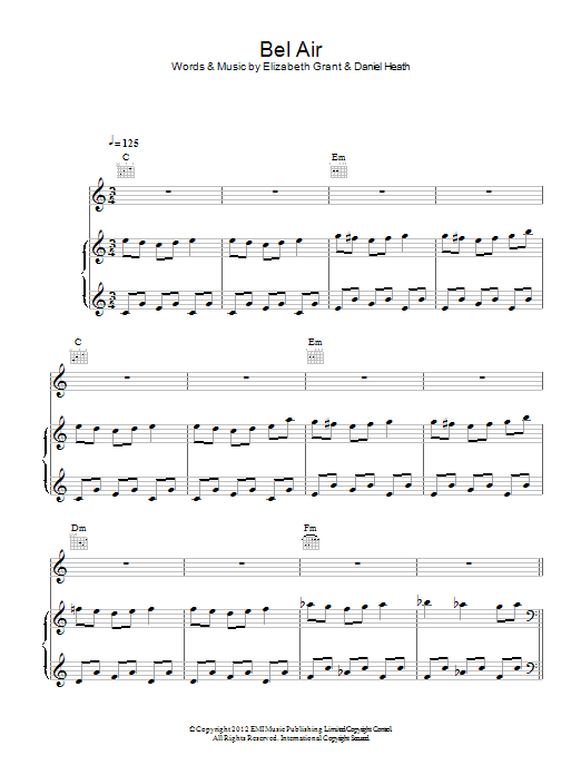 Lana Del Rey Bel Air sheet music notes and chords arranged for Piano, Vocal & Guitar Chords